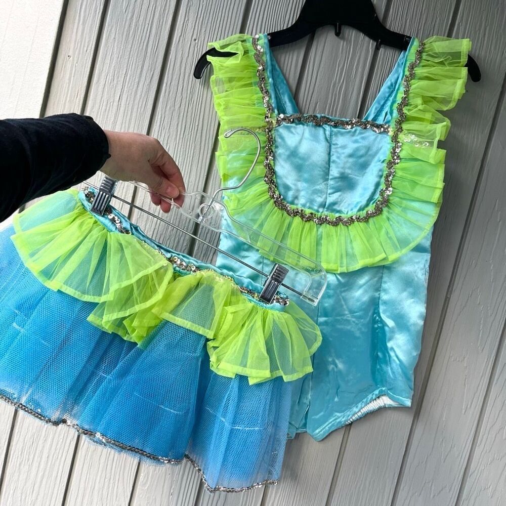 VTG Handmade 2-Piece Dance Costume Blue Lime Tulle Set SZ Child M (Est.)